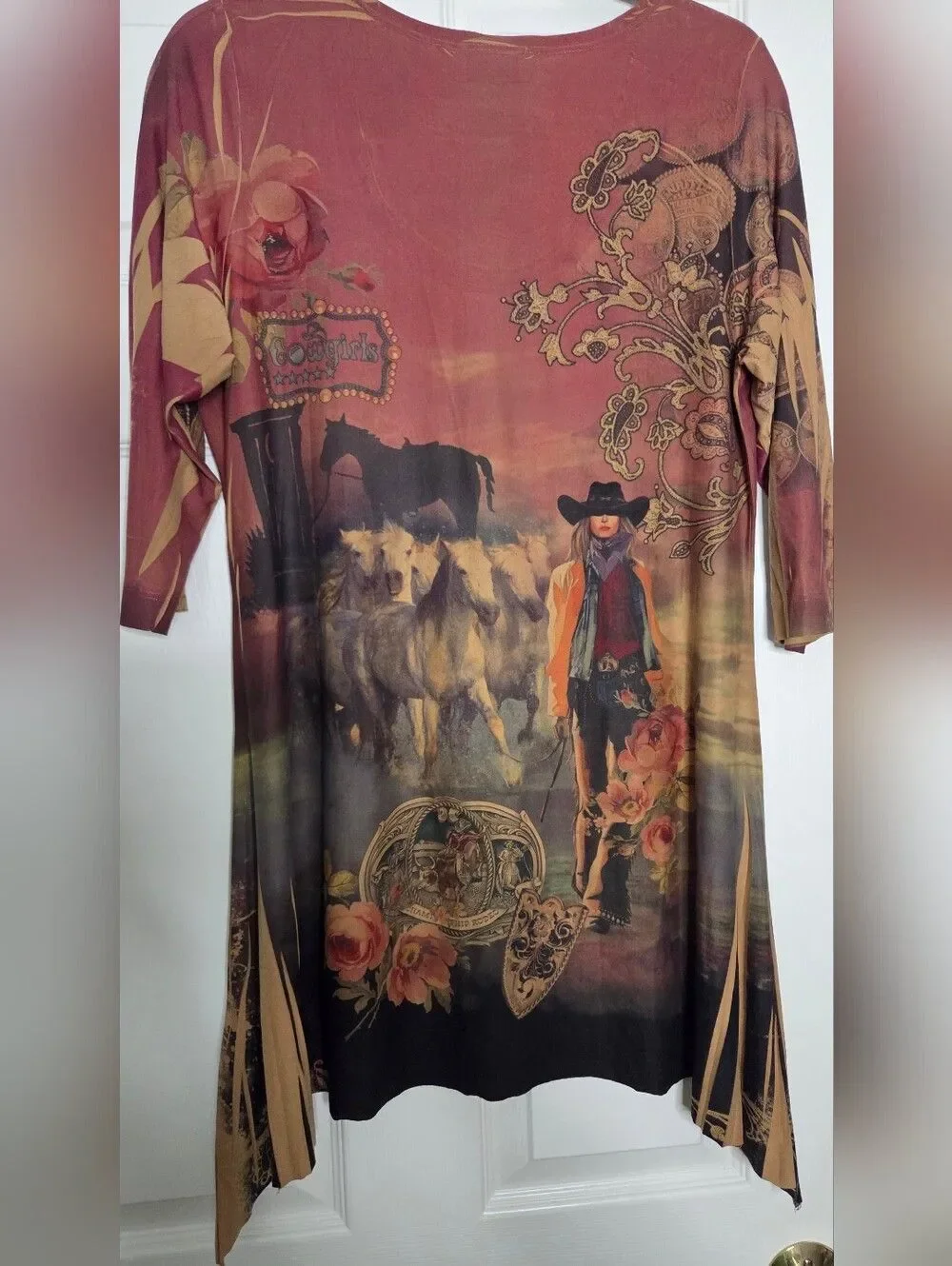 Fantazia Western Cowgirl Rose Horses Graphic Tunic Top  L Boho Rodeo Core